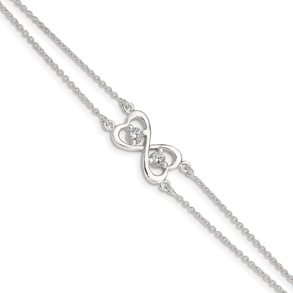 925 Sterling Silver Polished CZ Heart Two-strand Bracelet, 7.5 Length
